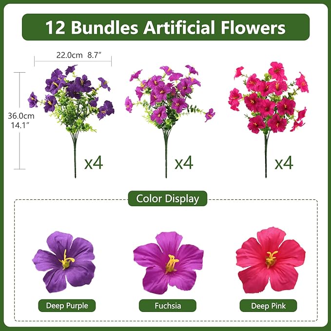 INQCMY Artificial Flowers for Outdoors Fake Plants Spring Decoration, 12 Bundles Faux Petunias UV Resistant No Fade Realistic Silk Flower for Outside Planters Patio Porch Yard Window Box