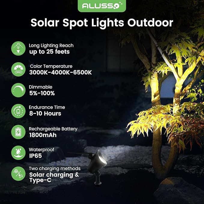 ALUSSO® Solar Landscape Spotlights 3CCT, Dimmable Solar Spot Lights Outdoor, 30° Beam Angle Solar Powered Lights Dusk to Dawn,IP65 Waterproof Flag Pole Solar Light for Yard Pathway Garage Patio,4 Pack