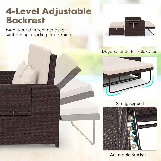 Nightcore Wicker Patio Outdoor Daybed, Outdoor Chaise Lounger w/ 4-Level Adjustable Backrest, Retractable Side Trays, Storage Ottoman, Comfortable & Removable Cushions, Rattan Loveseat (Beige)