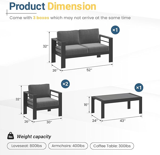 Solaste Aluminum Outdoor Patio Furniture Set, 4 Seats Patio Sectional Sofa with 5" Thick Cushion, Outdoor Patio Set with Coffee Table for Porch, Backyard, Deck, Yard, Grey