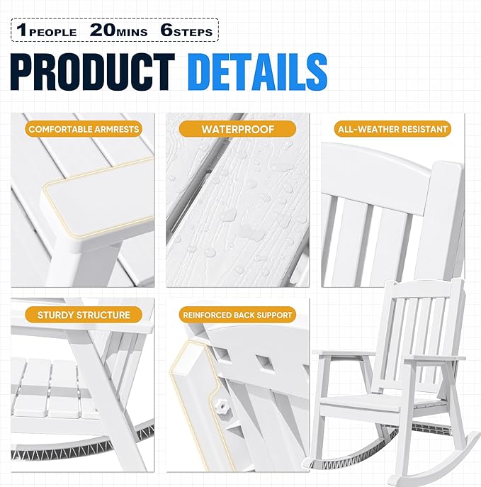 Devoko PP Material Rocking Chair Outdoor Indoor All Weather High Back Patio Rocker for Adult Heavy Duty Rocking Chair for Patio Backyard Porch Garden (Heavy Duty, White)