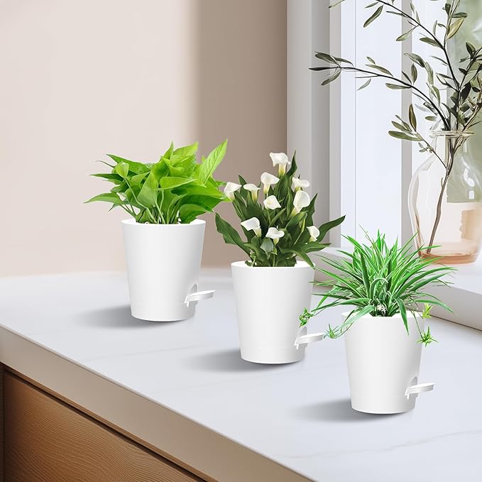 Self Watering Pots, 4 inch Flower Pots with Multi Mesh Drainage Holes, Small Platic Planters for Indoor Outdoor Garden Plants and Flowers (White, 4")