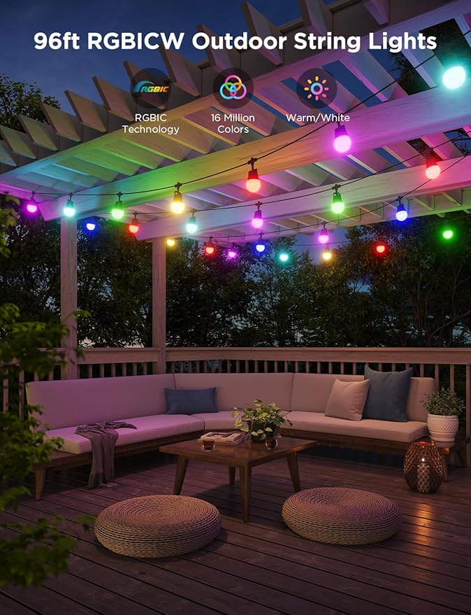 Govee Smart Outdoor String Lights 2, 96ft RGBIC Outdoor Lights with Dimmable Warm White LED Bulbs, 47 Scene Modes for Patio, Backyard, IP65 Waterproof, Compatible with Alexa, App Control