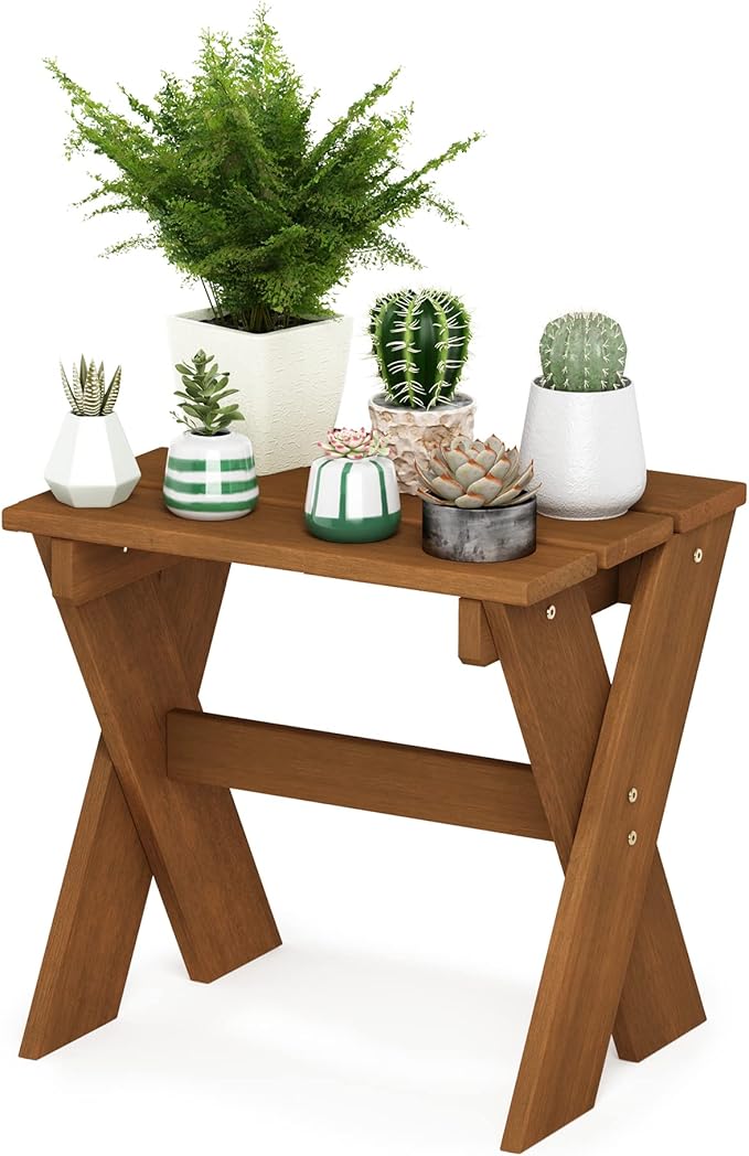 Furinno Tioman Outdoor Side Table Flower Stand, Dark Red Meranti Hardwood