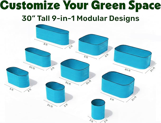 9-in-1 Galvanized Raised Garden Beds Outdoor // 8×2×2.5 ft Modular Planter for Gardening, Vegetables, Flowers // 32" Extra Tall Metal Raised Garden Bed (Teal) // Patented Design Planter Box