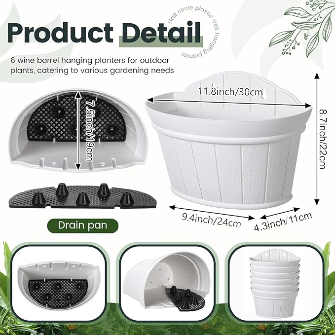 Layhit 6 Pcs Wall Hanging Planters Outdoor Pot Planter Wine Barrel Planter Distressed Oak Thickened Plastic Water Storage Flower Pots for Flower Indoor Outdoor(12 Inches,White)