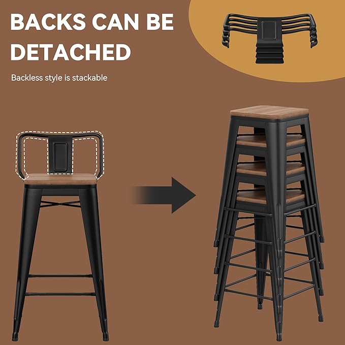 Yongchuang 24" Metal Barstools Set of 2 Counter Bar Stools with Wood Top Low Back Matte Black