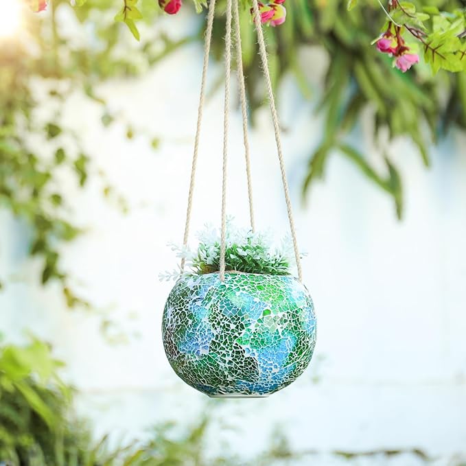 Hanging Planter Mosaic Garden Pot Small Flower Pot for Indoor Plant Disco Ball Hanging Planter with Drainage Green