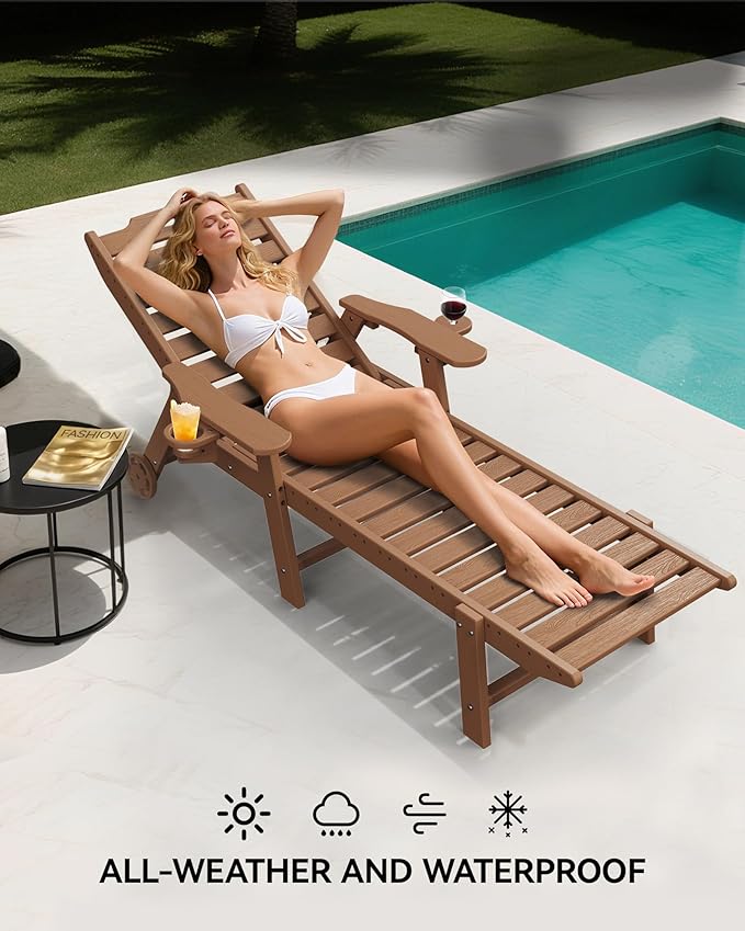 Carauci Lounge Chair Outdoor Set of 4, HDPE Chaise Lounge with Wheels, 5-Position Adjustable Backrest & 2 Cup Holders Patio Lounge Chair, All-Weather Pool Sun Lounger for Poolside, Backyard, Teak