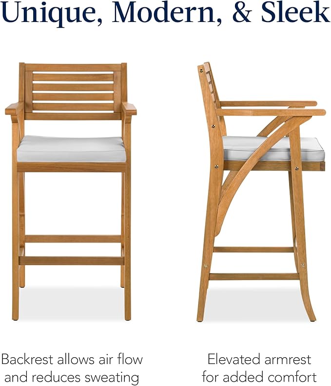 Best Choice Products Set of 2 Outdoor Acacia Wood Bar Stools Bar Chairs for Patio, Pool, Garden w/Weather-Resistant Cushions - White Sand