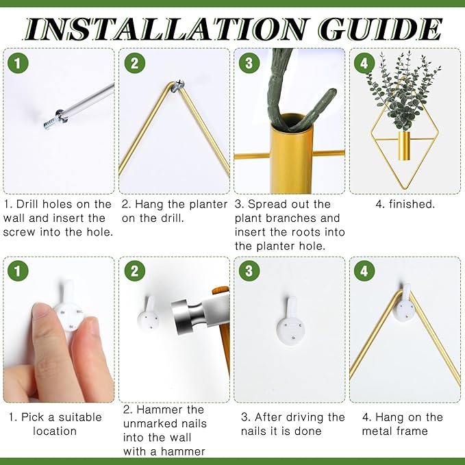 Jexine 4 Pcs Hanging Planters with Artificial Eucalyptus Metal Hanging Vase Indoor Plants Holder Modern Geometric Boho Bathroom Wall Decor for Living Room Home Office (Eucalyptus,Gold)