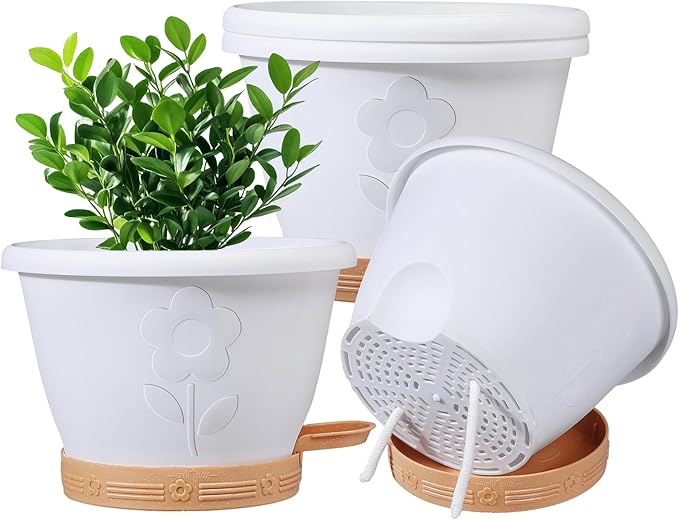 Plant Pots, Flower Pots for Indoor/Outdoor Plants, Self Watering Plastic Planters Pots with Drainage Holes, Saucer & Reservoir, Decorative Nursery Planting Pots(10 Inch Set of 4)