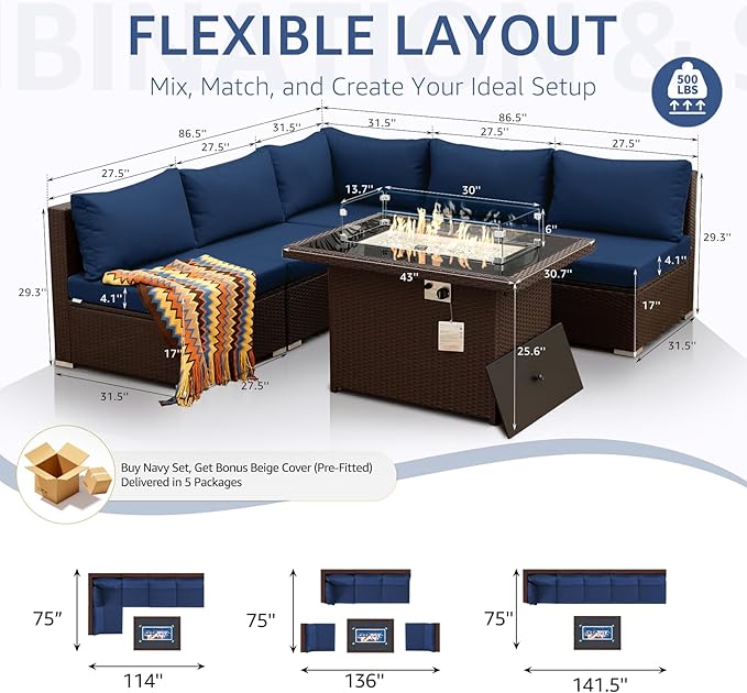 NICESOUL 6 Piece L-Shaped Outdoor Couch with Fireplace Natural Gas/Propane, 29.3'' High Back Wide Seat Patio Conversations for Outside, Oversized Comfy Sectional Furniture Set, Brown/Blue