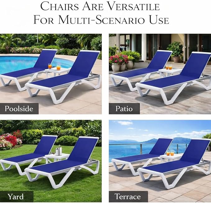 Kozyard Outdoor Chaise Lounge Chair, Full Flat Adjustable Patio Lounger with Aluminum Frame & Resin Legs, Textilene Fabric for Poolside, Backyard & Beach (NavyBlue, Chair with Table)