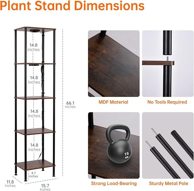 Bstrip Plant Stand Indoor with Grow Light, 66" Tall Indoor Plant Shelf, 5 Tier Flower Stand with Plant Light Full Spectrum, Metal Plant Holder with Light, lighted Plant Rack for Home, Corner, Patio