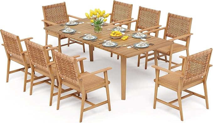 PHI VILLA 9 Pieces Acacia Wood Outdoor Dining Set for 8, Teak Rectangle Wooden Table & Chairs with Wicker Seat and Back, Farmhouse Dining Furniture Set for Patio, Deck, Yard, Porch