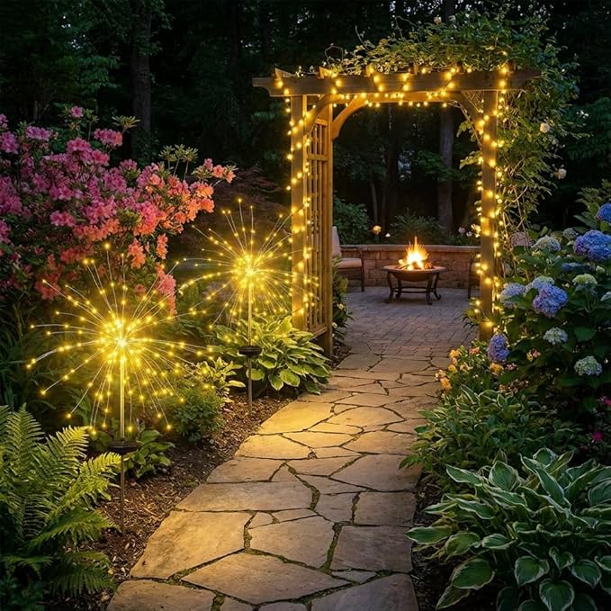 2 Pack Solar Firework Lights Outdoor - Verified 200 LED & 8 Modes - Starburst Solar Powered Garden Lights, Reinforced Durable Stakes, Waterproof Pathway Walkway Lights for Yard Patio Decor
