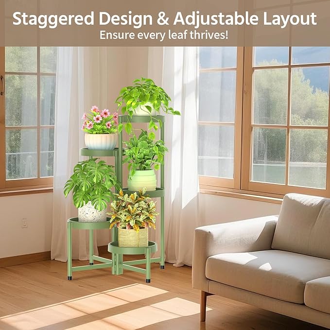LASZOLA 5 Tiered Folding Plant Stand Indoor for Multiple Large Planter, Tall Heavy Duty Adjustable Rack with Rust Proof Plastic Shelving, Sturdy Vertical Tree Organizer for Narrow Inside Floor, Green