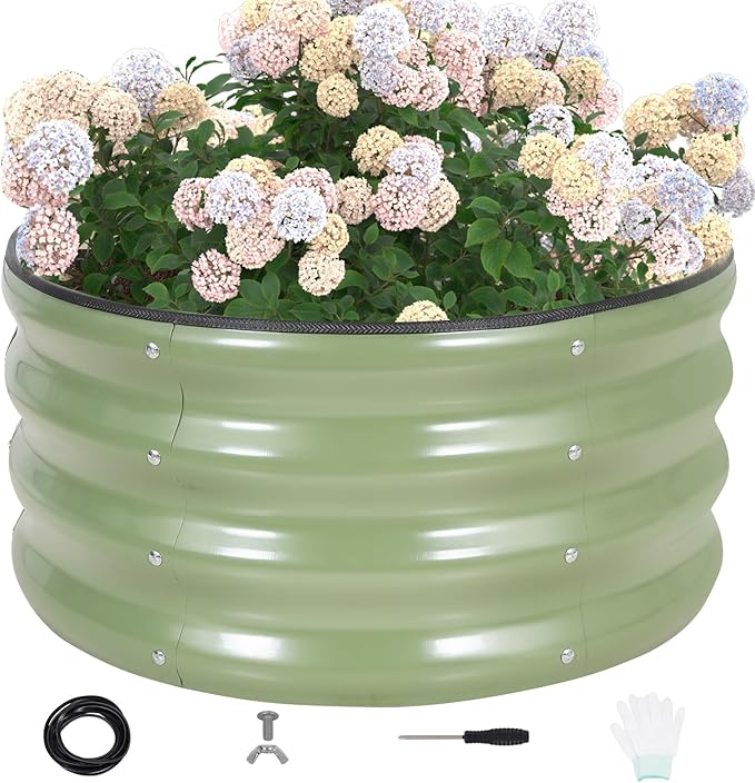 G GOOD GAIN Round Raised Garden Bed - 1Pc 2x2x1ft Galvanized Steel Planter Boxes Outdoor with Rubber Edge Trim | Metal Raised Beds for Gardening Vegetables Flowers Fruits Herbs (Olive Green)