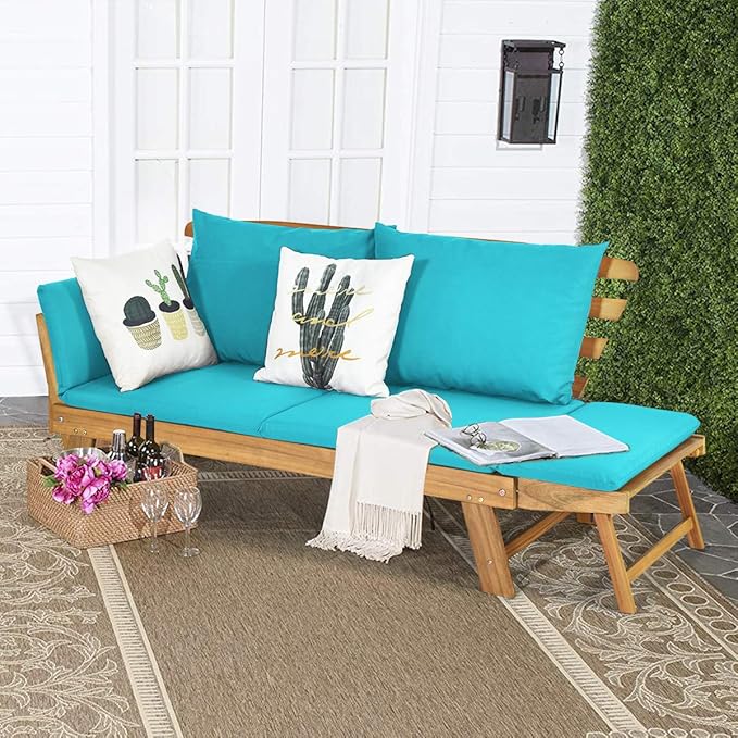Tangkula Convertible Acacia Wood Patio Couch Sofa Bed with Adjustable Armrest, Outdoor Daybed with Cushion & Pillows, Outside Folding Futon Sofa Couch Bench for Porch, Courtyard, Poolside & Garden