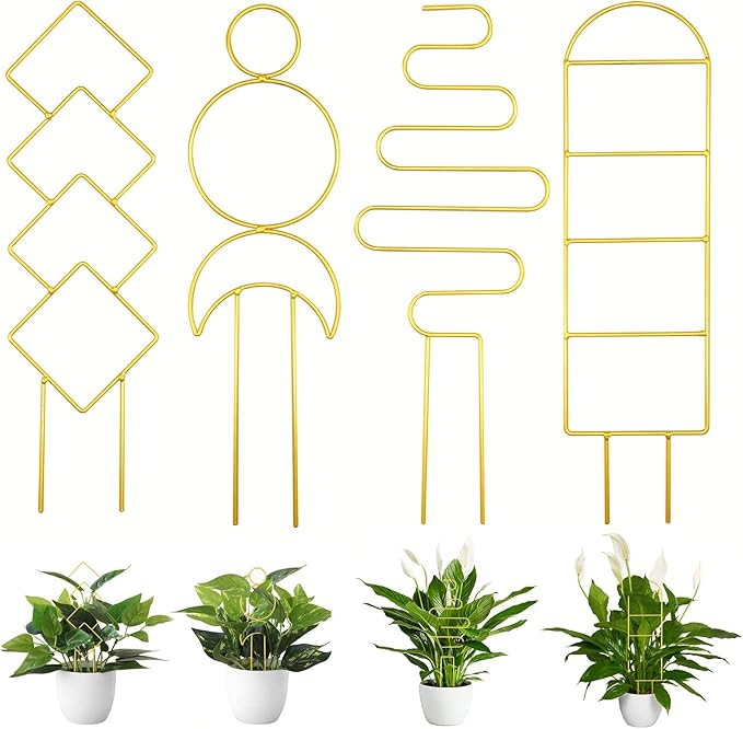 4 Pcs Mini Metal Trellis for Potted Plants, Climbing Support Stake for Houseplant Vines Pothos (Gold)