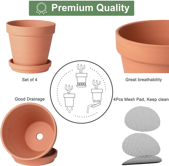 Orceler 6 inch Terracotta & Clay Pots for Plants with Saucer, Medium Terra Cotta Plant Pots with Drainage Hole, Flowerpot with Tray, Terracotta Pot for Indoor Outdoor Plant - Pack of 4 Planters