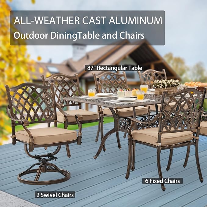 9-Piece Cast Aluminum Patio Furniture, Outdoor Dining Sets for 8 Include 87" Rectangular Patio Dining Table, 6 Stackable Chairs & 2 Swivel Chairs with Cushions & Umbrella Hole(Bronze)