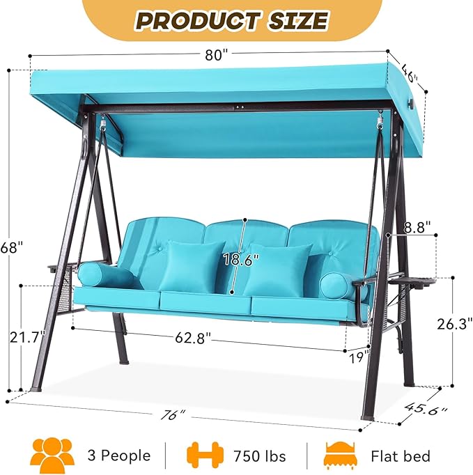 3 in 1 Outdoor Porch Swing with Adjustable Canopy, 3 Seat Outdoor Swing for Adults, Patio Swing Chair with Thickened Cushions,Pillows & Cup Holders for Backyard, Porch, Garden (Turquoise)