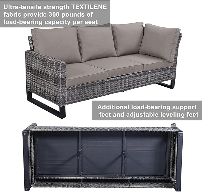 Patio Sectional Furniture Set with Fire Pit Table: 10 Pieces Wicker Patio Conversation Set with L Shaped Sofa, Outdoor Swivel Glider Rocker, Rattan Club Chairs, Ottomans, Removable Cushions Grey