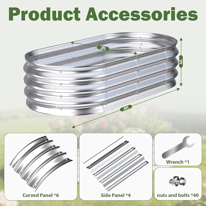 Galvanized Raised Garden Bed Outdoor, 4x2x1ft Metal Heavy Duty Planter Boxes for Gardening, Easy Assemble Small Oval Plant Container Kit for Vegetables, Flowers, Fruits, Silver, 1 Pack