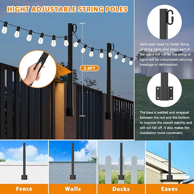6 Pack String Light Poles,2.8Ft Light Poles for Outside String Lights,Outdoor Lights Pole with Fork,Metal Poles Stand for Patio Deck Backyard