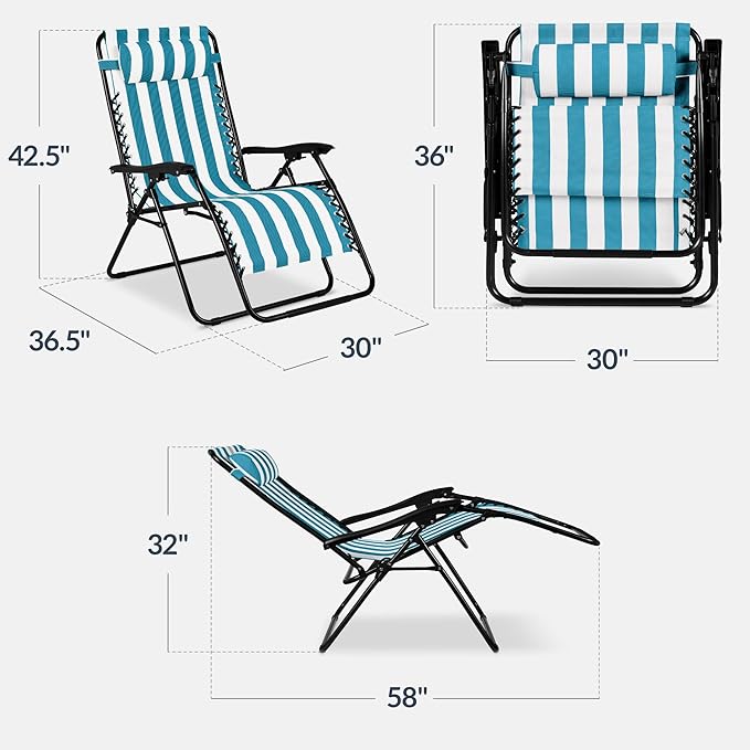 Best Choice Products Set of 2 Extra Wide Adjustable Steel Mesh Zero Gravity Lounge Chair Recliners w/Pillows and Cup Holder Trays - Peacock Blue Stripes