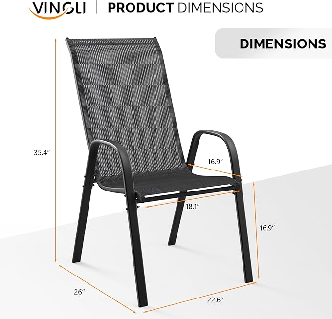 VINGLI Patio Chairs Set of 6 – Stackable Outdoor Dining Chairs with Comfortable Sling High Back Chairs and Armrests for Lawn, Poolside, Courtyard, Balcony, Garden, Black
