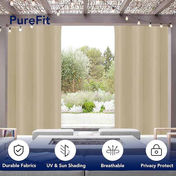 PureFit Outdoor Curtains for Patio Waterproof – Weatherproof, UV and Fade Resistant Outside Curtains for Gazebo, Front Porch, Pergola, Sun Blocking Privacy Curtain, 52W x 120L inch, Set of 2, Beige