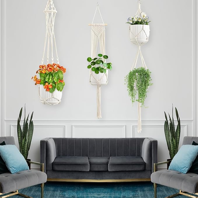 Macrame Plant Hangers, 6Pack Hanging Plant Holders Indoor w/ 6 Set Hooks Handmade Cotton Rope Plant Hangers Set Flower Pots Holder Stand Boho Home Decor Hanging Planters for Indoor Outdoor Plants
