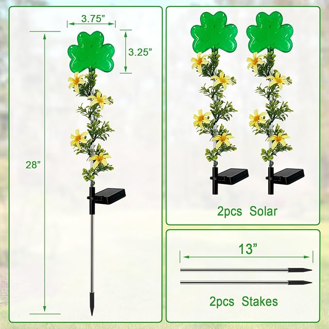 ST Patrick's Day Decorations Outdoor,2 Pack Shamrock Solar Lights Outdoor,Solar Powered Green Fairy Lights Holiday Decorations for Yard,Lawn,Garden Stkae