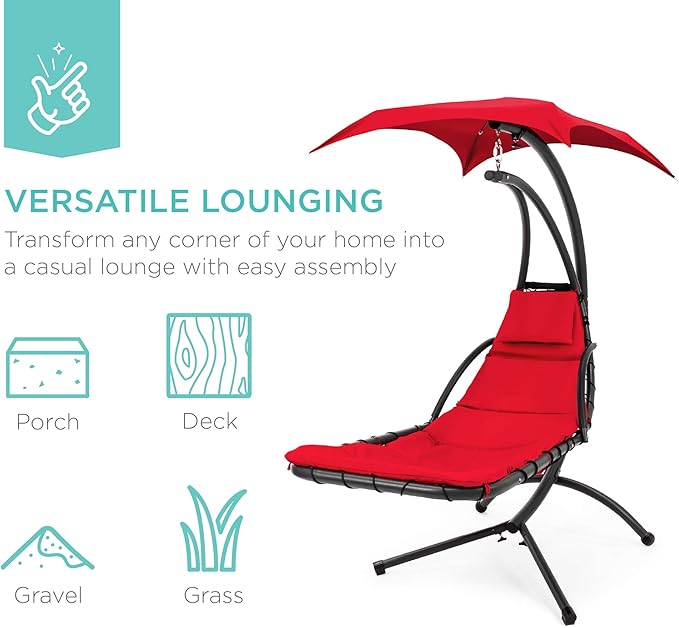 Best Choice Products Outdoor Hanging Curved Steel Chaise Lounge Chair Swing w/Built-in Pillow and Removable Canopy - Red