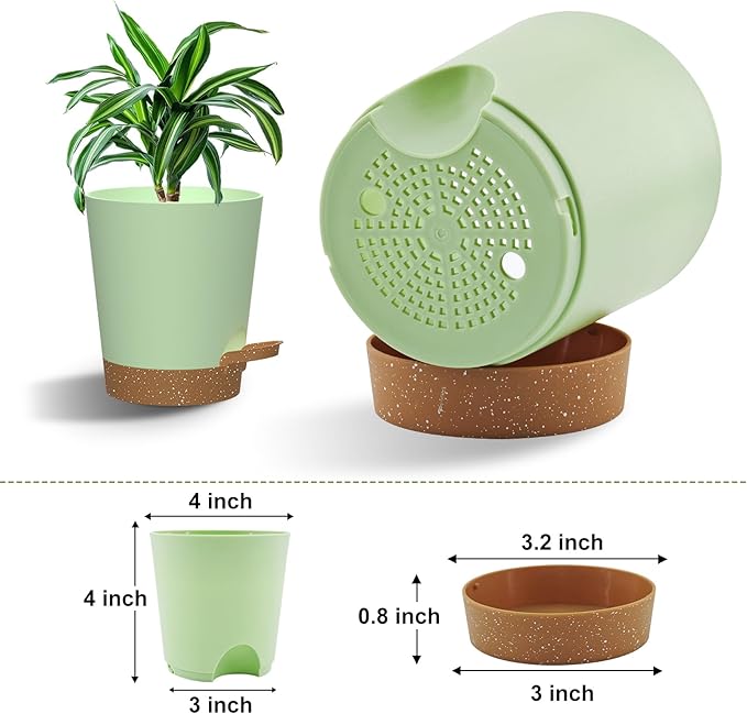Self Watering Pots, 4 inch Flower Pots with Multi Mesh Drainage Holes, Small Platic Planters for Indoor Outdoor Garden Plants and Flowers (Green with Brown Tray, 4")