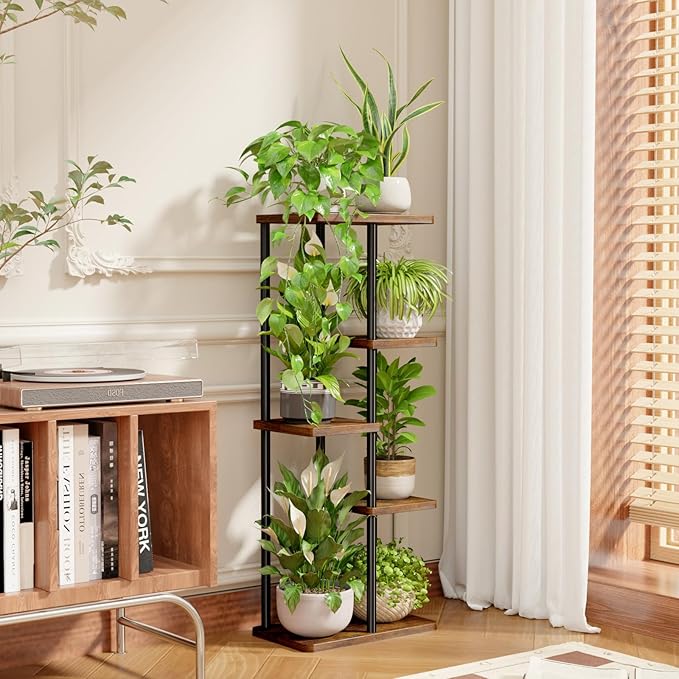 Bamworld Corner Plant Stand Indoor, 5 Tier Metal Plant Shelf for Multiple Plants, Tiered Flower Pot Stands for Patio Garden Balcony Living Room Bedroom, Brown
