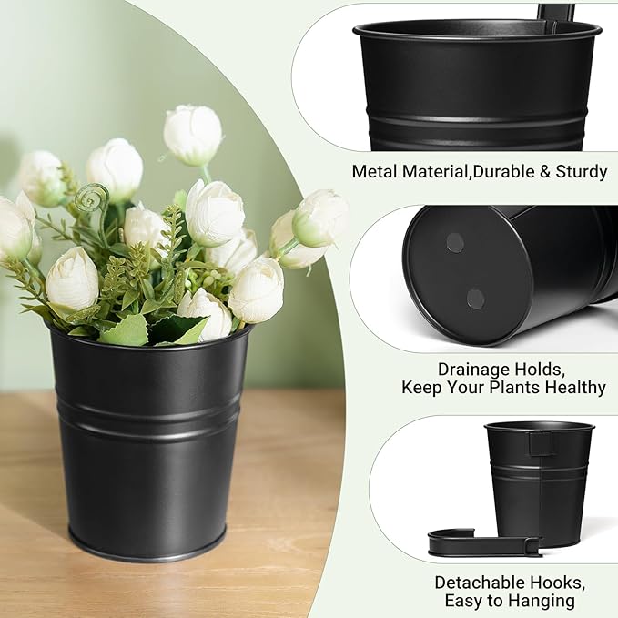 Dahey 10 Pcs Small Hanging Flower Pots Metal Iron Bucket Planter for Railing Fence Balcony Garden Home Decoration Flower Holders with Detachable Hooks, Black, 4 Inches