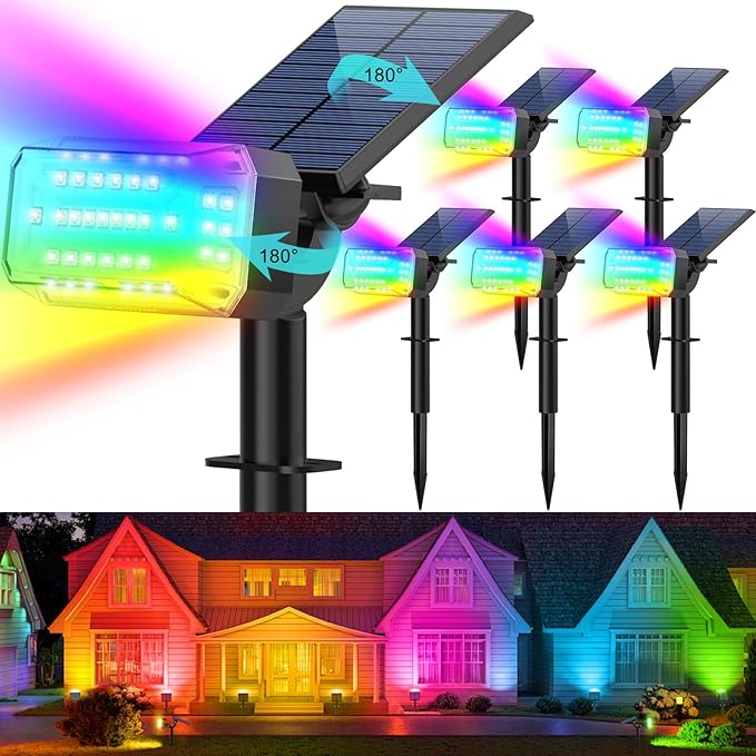 Solar Spot Lights Outdoor Waterproof IP65,[49 LEDs/6 Pack] RGB Christmas 7 Modes Color Changing Solar Spotlights, Adjustable Landscape Flood Powered Lights for Yard Garden Pathway(Multicolor)