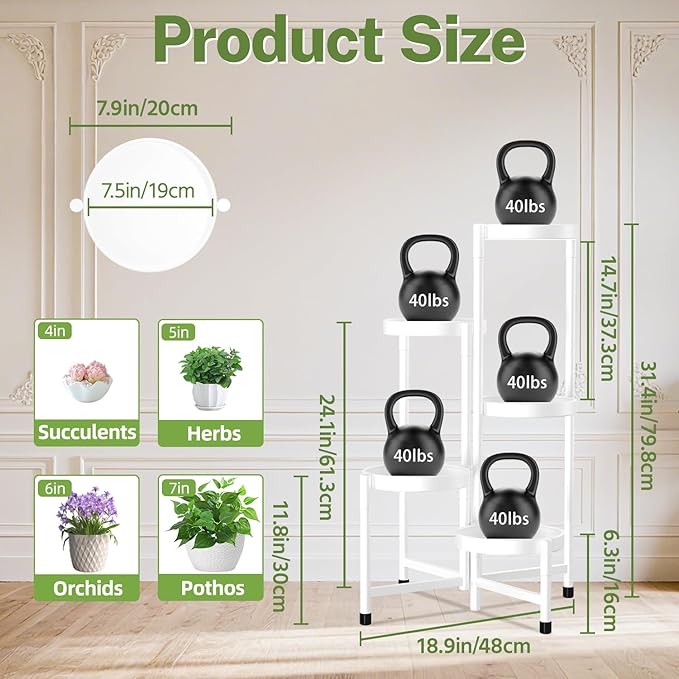 iDavosic.ly Plant Stand Indoor Outdoor, 5 Tier Corner Metal Flower Display Holder Shelf, Easy Assembly Folding Tall Orchid Rack for Patio Balcony Porch Garden Living Room House, White