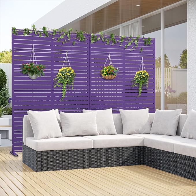 Casaphoria Metal Privacy Screen Outdoor, 72" H x 47" W Freestanding Decorative Privacy Screen for Patio Deck Balcony Garden with Stable Base, Dark Purple-Louvered