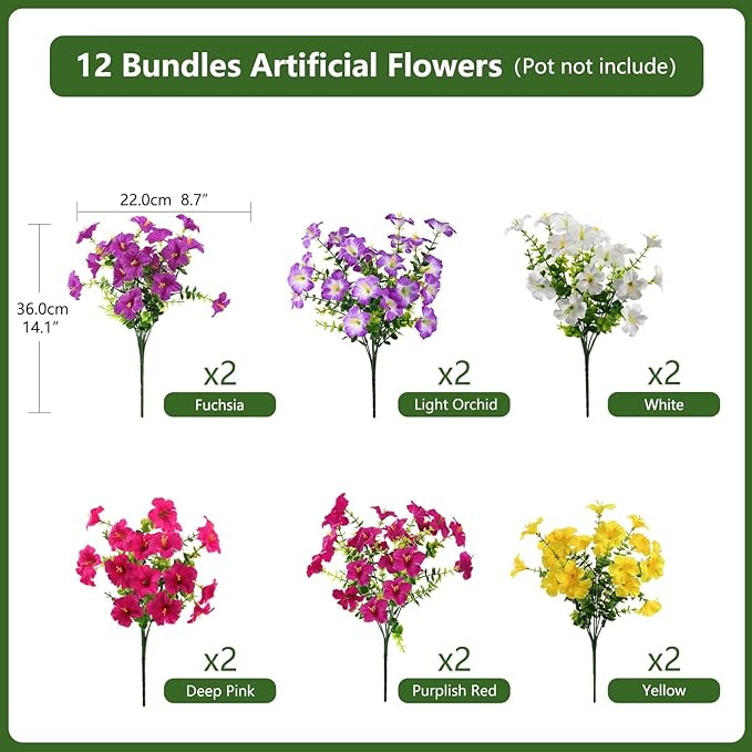 INQCMY Artificial Flowers for Outdoors Fake Plants Spring Decoration, 12 Bundles Faux Petunias UV Resistant No Fade Realistic Silk Flower for Outside Planters Patio Porch Yard Window Box