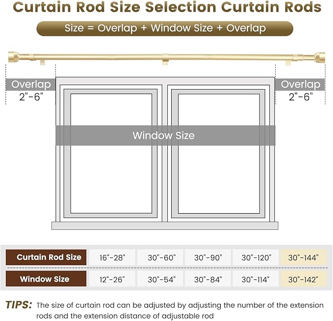 Gold Curtain Rod Itself is 30-144 inch 2 Pack, Fit 30 to 142, 66 to 120 inch Windows with 1 Inch Diameter, Splicing Extra Long Heavy Duty Adjustable Telescopic Rod
