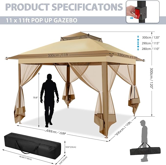 COBIZI 11x11 FT Pop up Gazebo Canopy Tent - Outdoor pop up gazebos on Clearance,carpas para Patio,Shelter - Screen Tents with Portable Carry Bag,Patio Gazebos for Camping,Garden,Deck,Backyard,Khaki