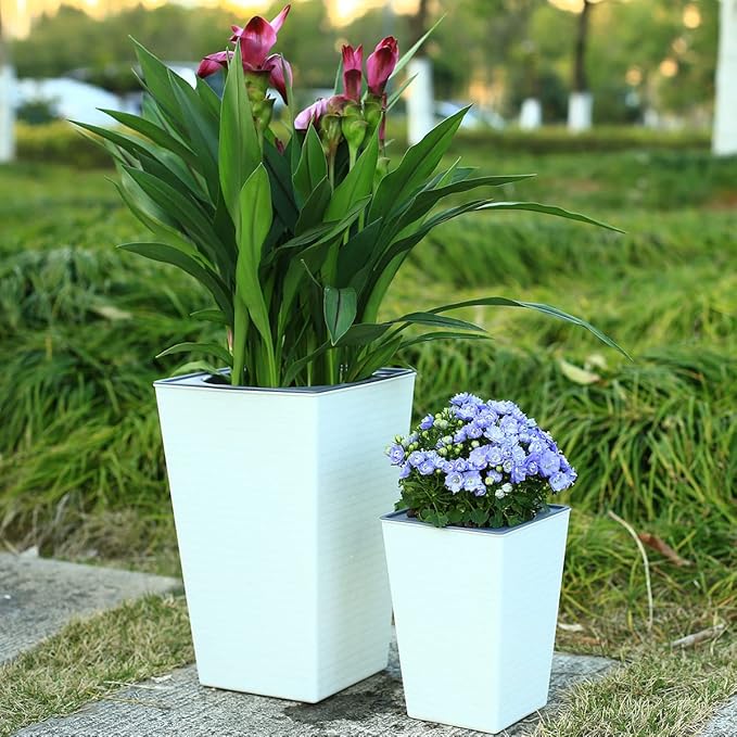 2 Pack Self Watering Planters 10.7" x 6.9" Planter for Indoor Plants White Self Watering Violet Pots Plastic Flower Pots Square Planter with 3D Wallpaper Pattern