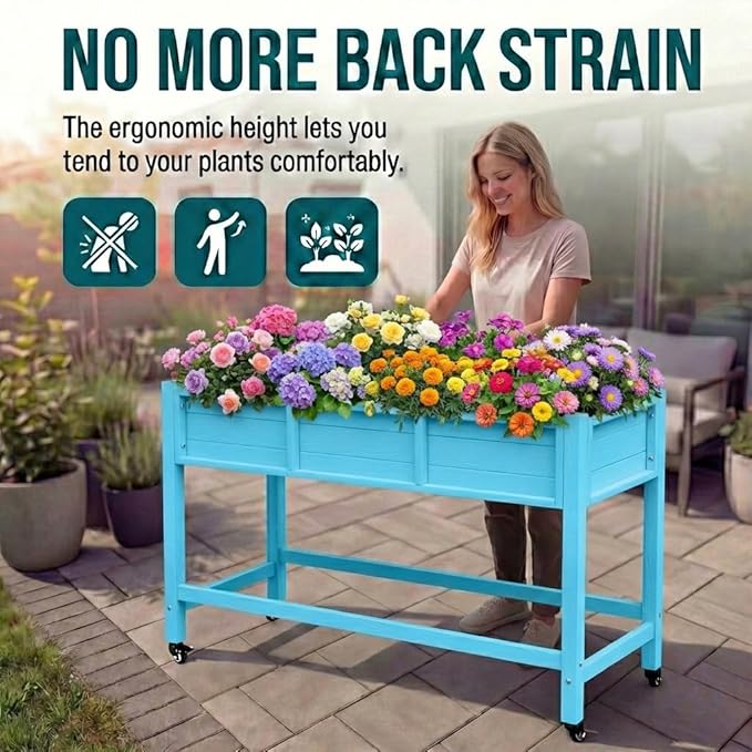 YITAHOME Raised Garden Bed HDPE, 47x18x31In Raised Flower Bed Poly-Wood Weather-Resistant Elevated Planter Box with Lockable Wheels for Vegetables, Aruba Blue