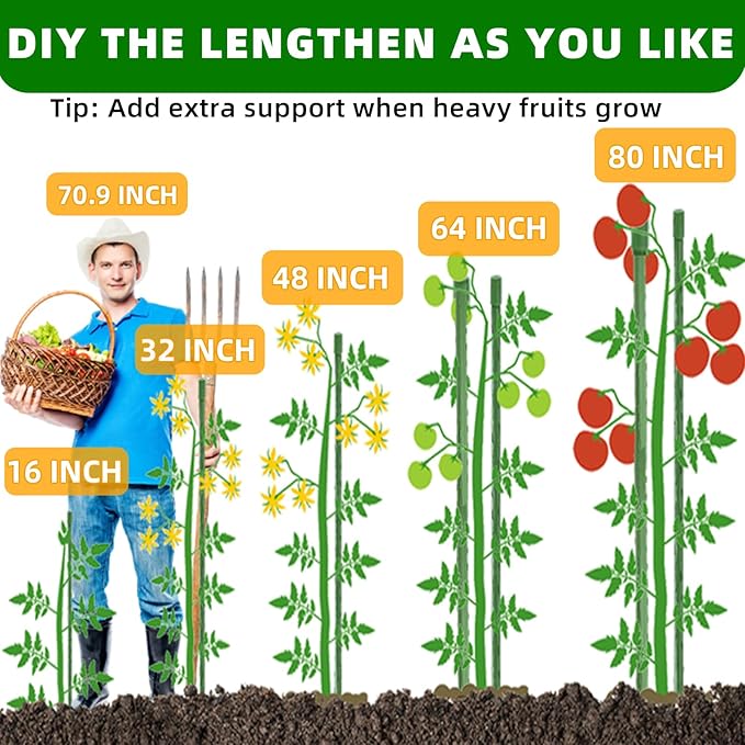 Garden Stakes 16 Inch 70 Pack, Diy 4ft 5ft 6ft 7ft 8ft Tomato Stakes Plastic Coated Metal Plant Sticks Stakes Supports with 40 Connectors 30 Rotatable Clips for Indoor Outdoor Plants Vegetable