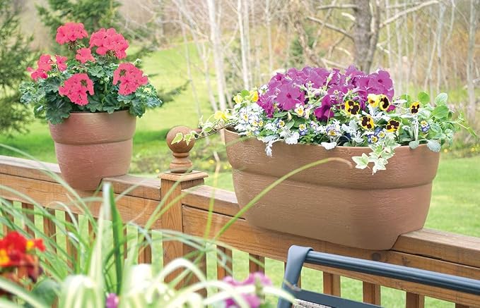 EMSCO Group Bloomers Railing Planter with Drainage Holes – 24" Weatherproof Resin Planter – Sand
